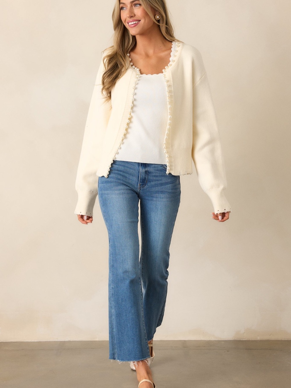 Commense Morning Breeze Ivory Pearl Trim Cardigan - Picture 2 of 6